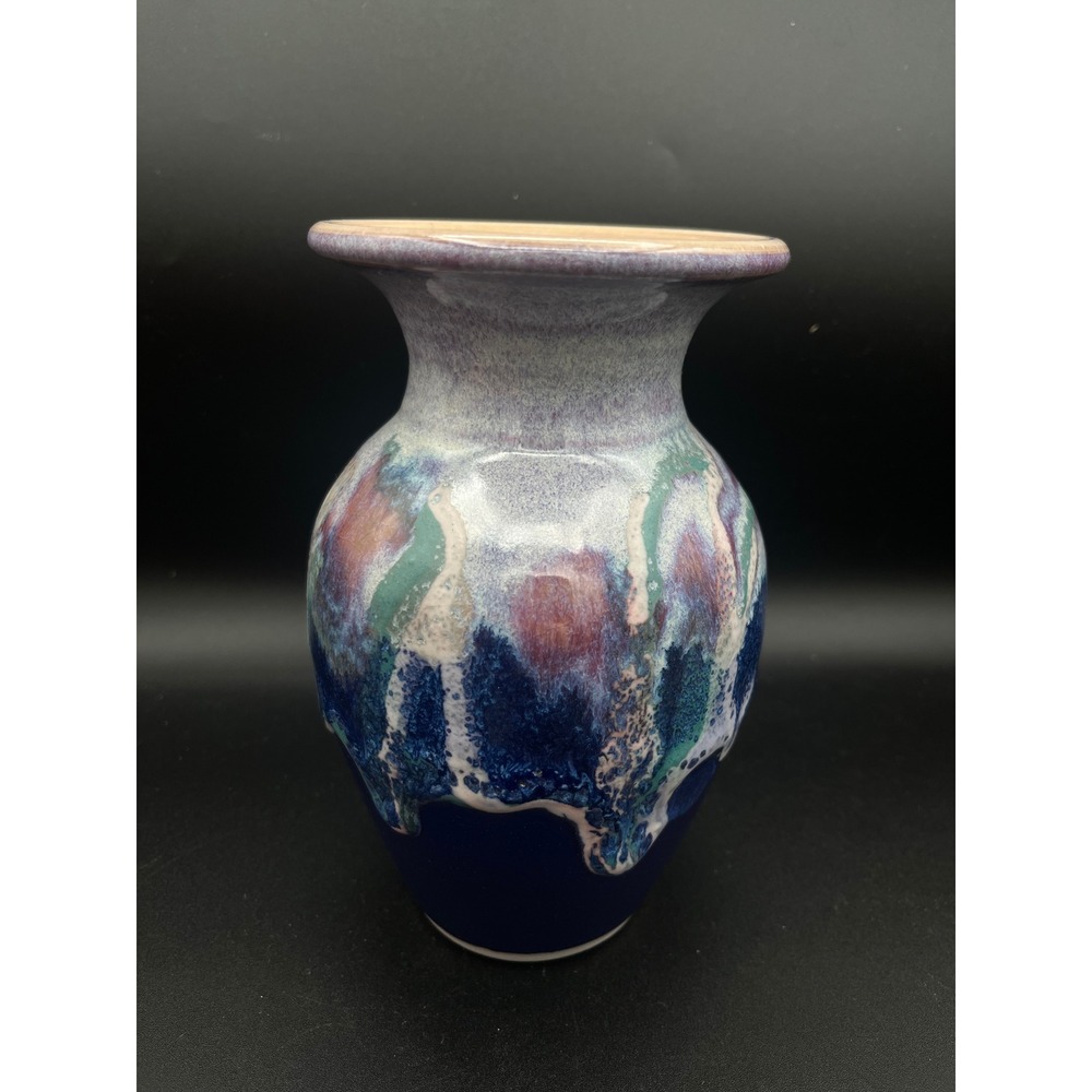 Studio Pottery Hand Signed Crystalline Drip Glaze Vase Blue Purple Green 6 inch - Picture 6 of 11